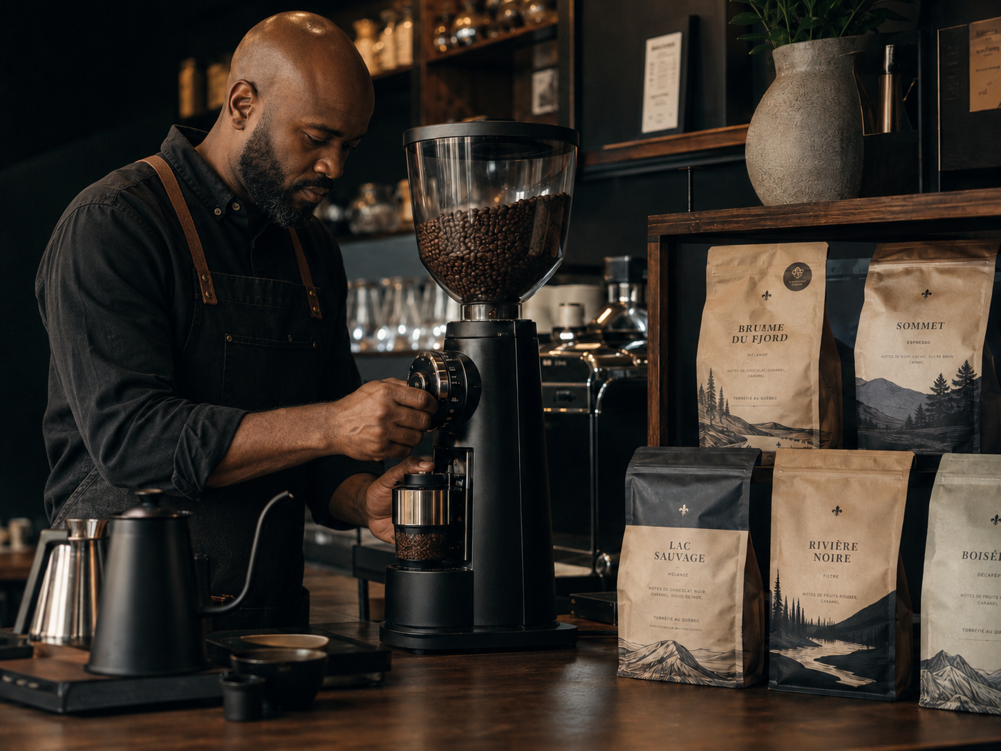 Barista calibrant un broyeur, entouré de cafés de micro-torréfacteurs de Québec
