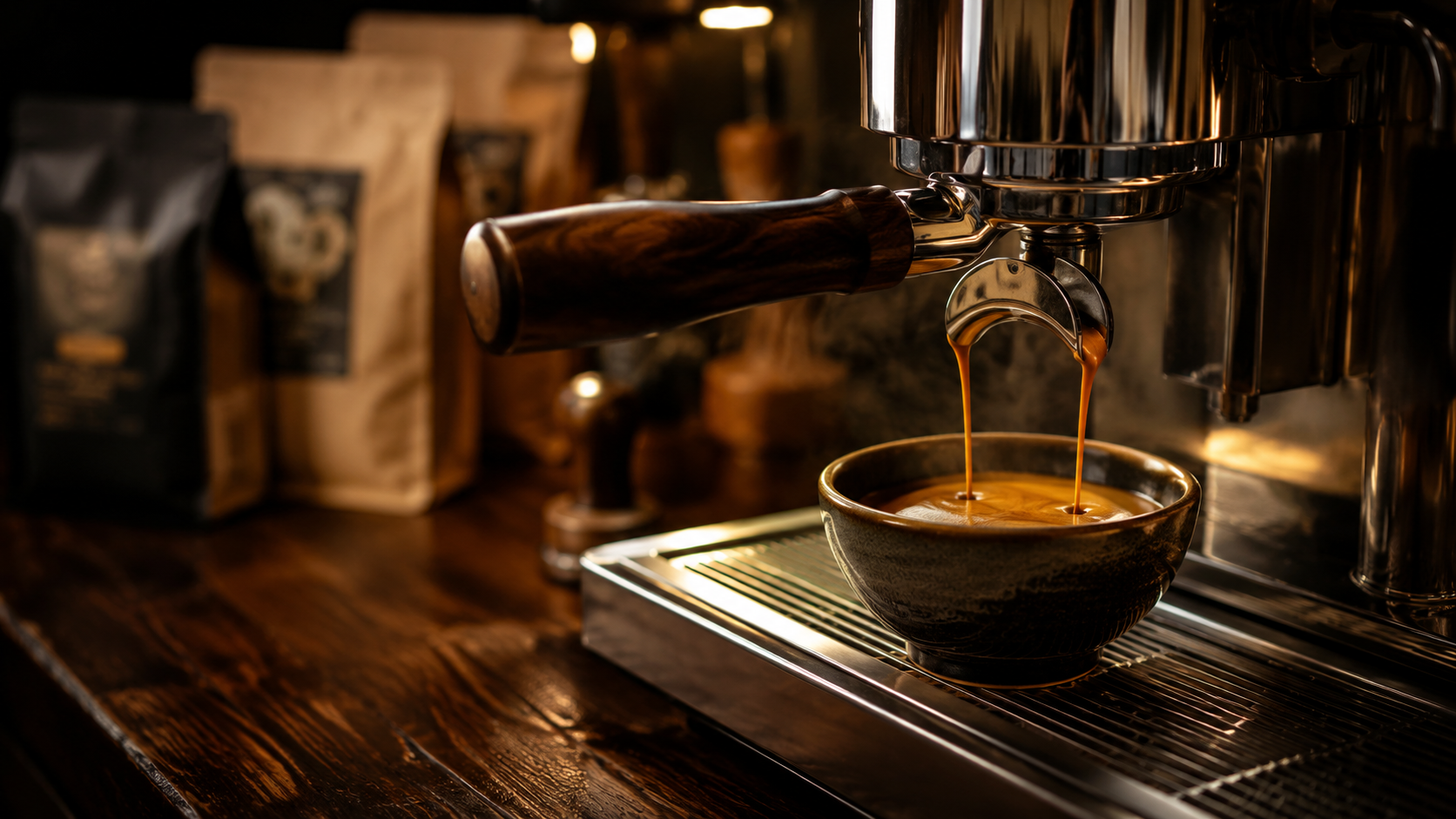 Espresso versé d'une machine premium devant des cafés de micro-torréfacteurs de Québec