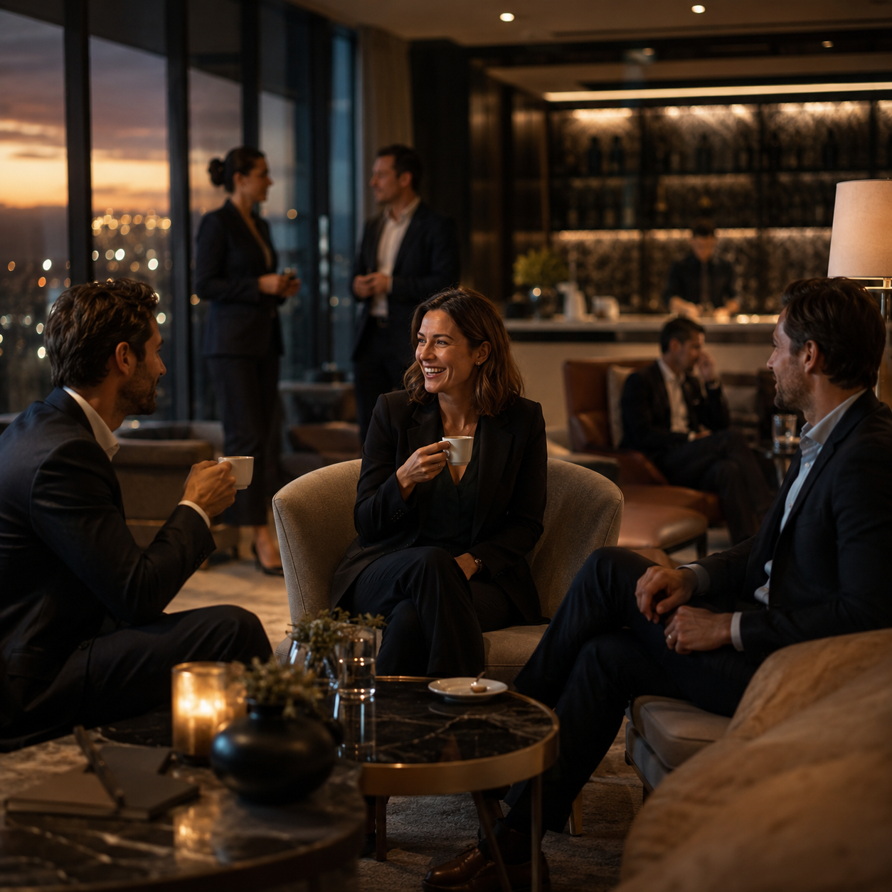 Lounge d'affaires haut de gamme au crépuscule, professionnels savourant un café